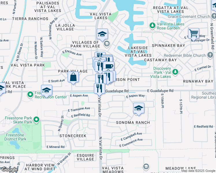 map of restaurants, bars, coffee shops, grocery stores, and more near 800 North Seaborn Lane in Gilbert
