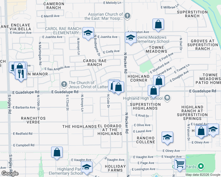 map of restaurants, bars, coffee shops, grocery stores, and more near 3923 East Harvard Avenue in Gilbert