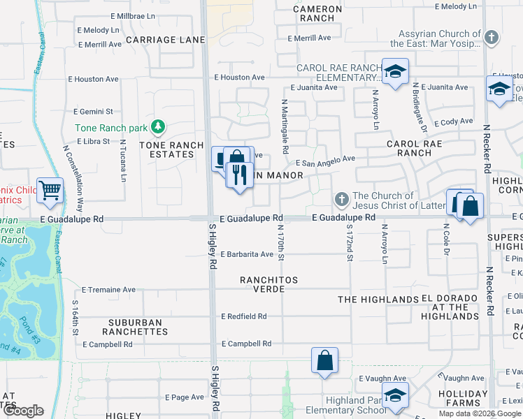 map of restaurants, bars, coffee shops, grocery stores, and more near 860 North Sunnyvale Avenue in Gilbert