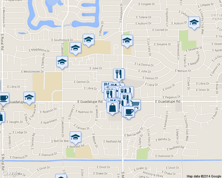 map of restaurants, bars, coffee shops, grocery stores, and more near 6116 South Willow Drive in Tempe