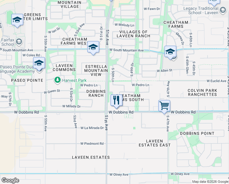 map of restaurants, bars, coffee shops, grocery stores, and more near 9008 South 50th Lane in Phoenix