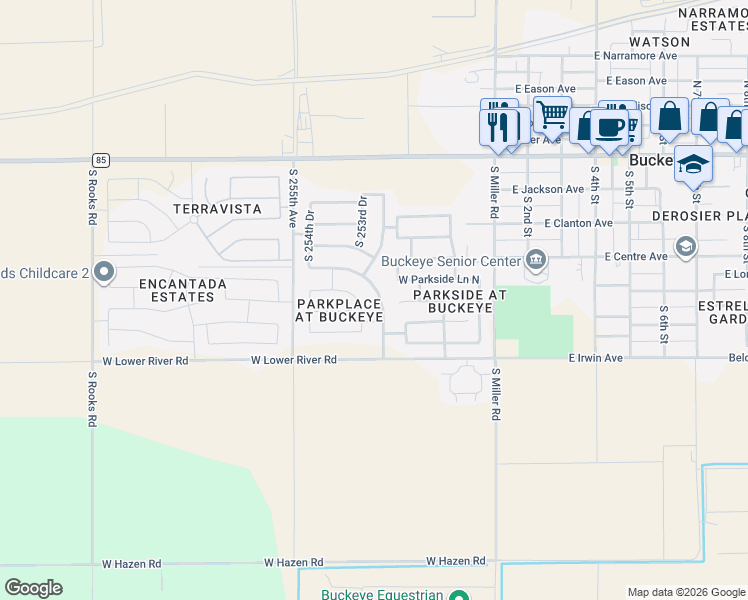 map of restaurants, bars, coffee shops, grocery stores, and more near 8912 South 253rd Avenue in Buckeye