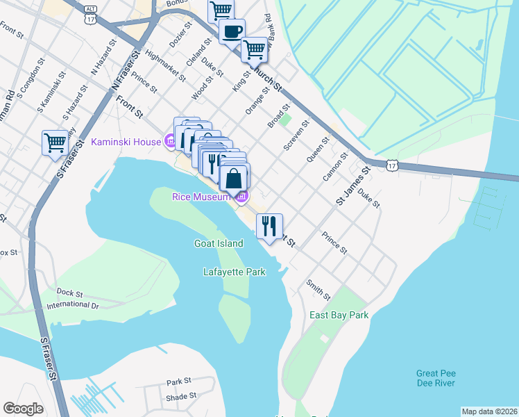 map of restaurants, bars, coffee shops, grocery stores, and more near 122 Screven Street in Georgetown