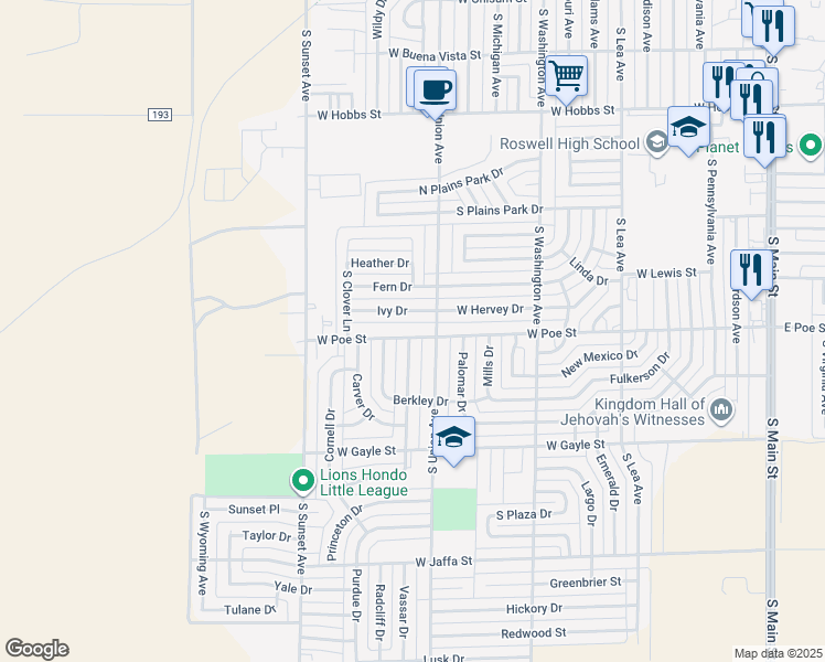 map of restaurants, bars, coffee shops, grocery stores, and more near 1013 West Poe Street in Roswell