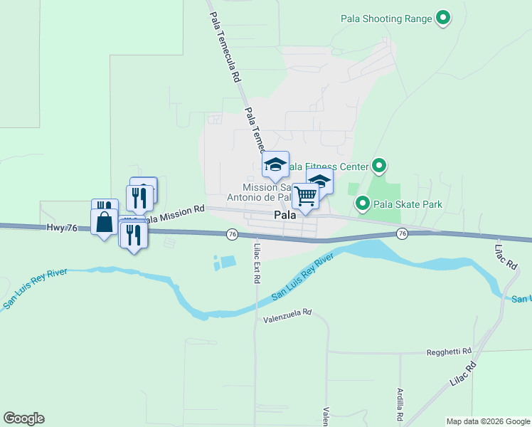map of restaurants, bars, coffee shops, grocery stores, and more near 11890 Chutnicutt Road in Pala