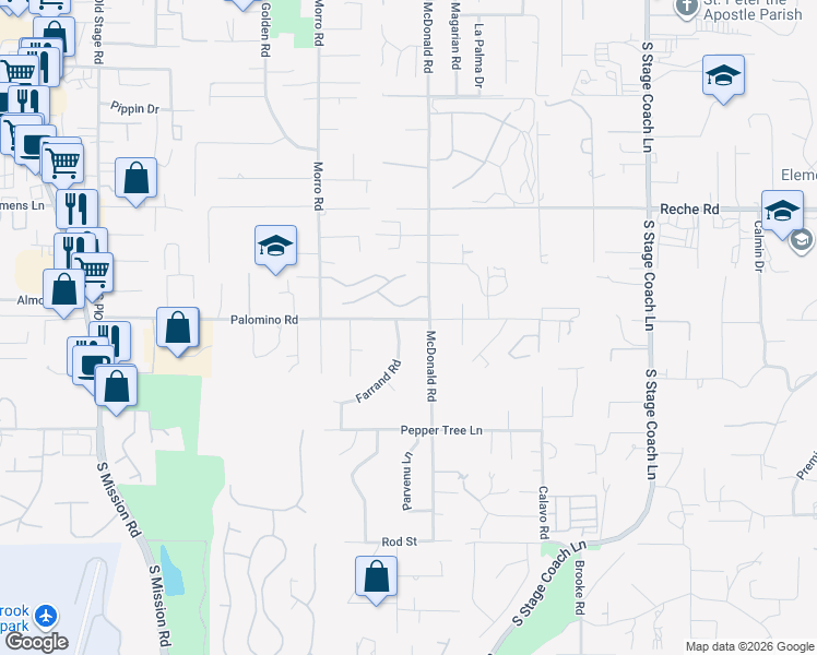 map of restaurants, bars, coffee shops, grocery stores, and more near 1073 Barsky Lane in Fallbrook