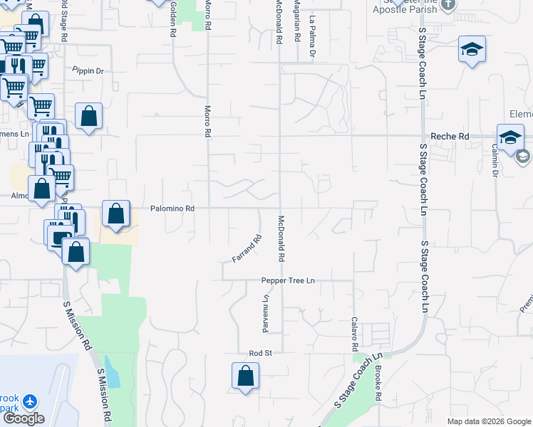 map of restaurants, bars, coffee shops, grocery stores, and more near 1304 Farrand Road in Fallbrook