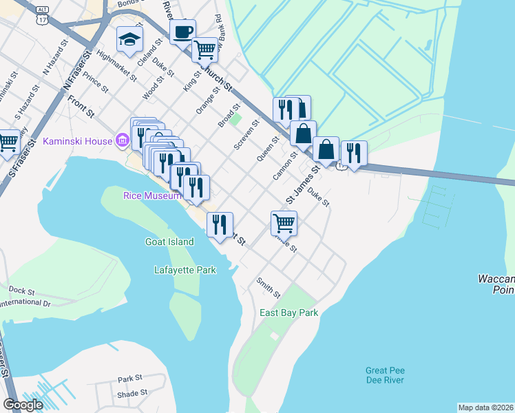 map of restaurants, bars, coffee shops, grocery stores, and more near 431 Highmarket Street in Georgetown
