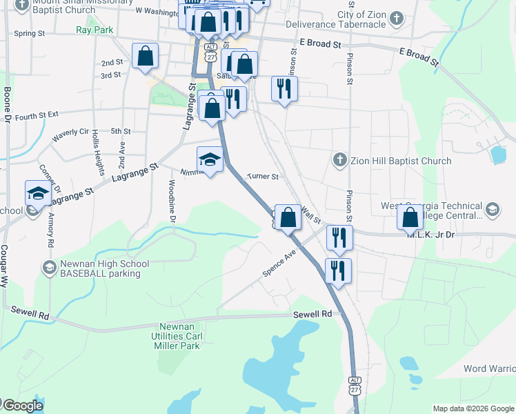 map of restaurants, bars, coffee shops, grocery stores, and more near 138 Greenville Street South in Newnan
