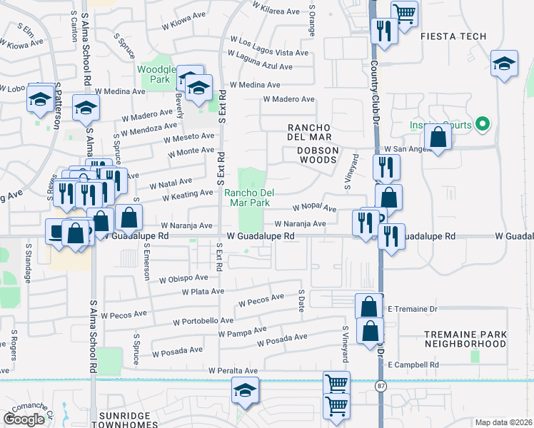 map of restaurants, bars, coffee shops, grocery stores, and more near 665 West Navarro Avenue in Mesa