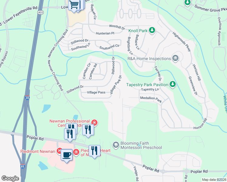 map of restaurants, bars, coffee shops, grocery stores, and more near 143 Village Park Drive in Newnan