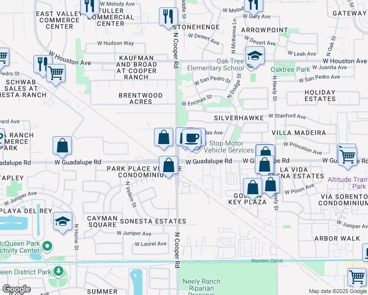 map of restaurants, bars, coffee shops, grocery stores, and more near 9004 North Cooper Road in Gilbert
