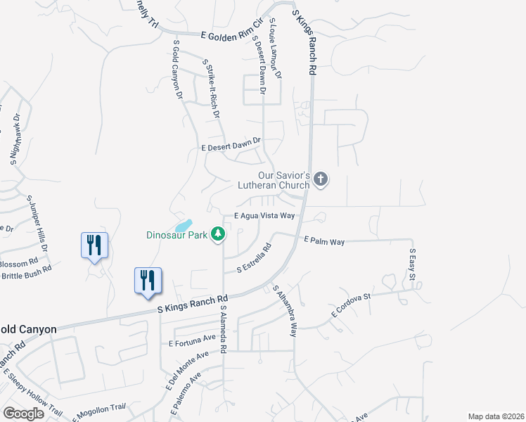 map of restaurants, bars, coffee shops, grocery stores, and more near 10260 East Agua Vista Way in Gold Canyon