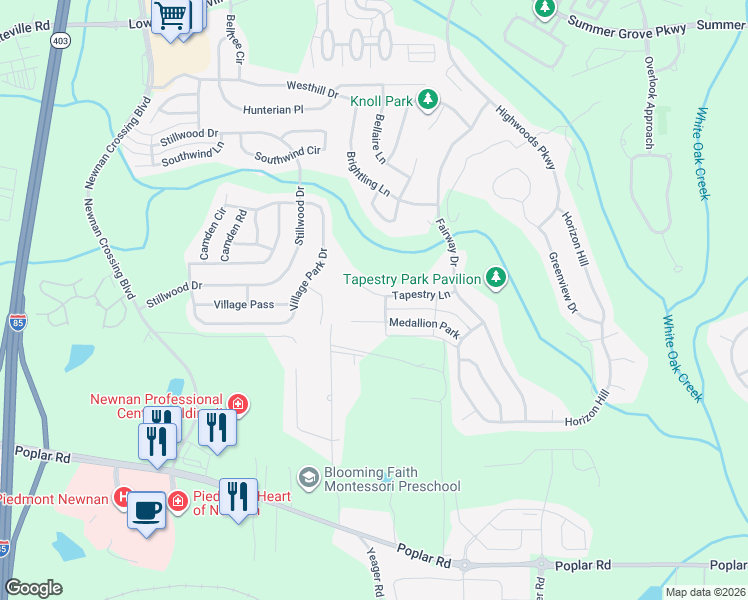 map of restaurants, bars, coffee shops, grocery stores, and more near 64 Tapestry Lane in Newnan