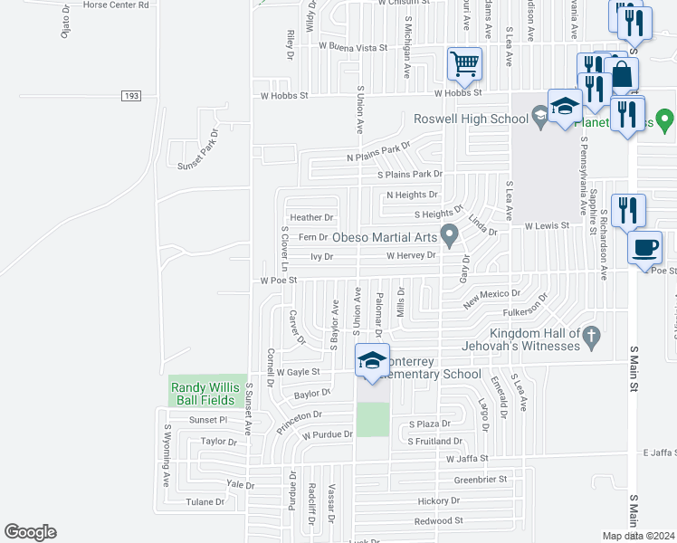 map of restaurants, bars, coffee shops, grocery stores, and more near 1011 West Poe Street in Roswell