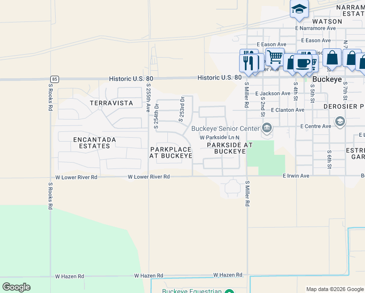 map of restaurants, bars, coffee shops, grocery stores, and more near 8912 South 253rd Avenue in Buckeye