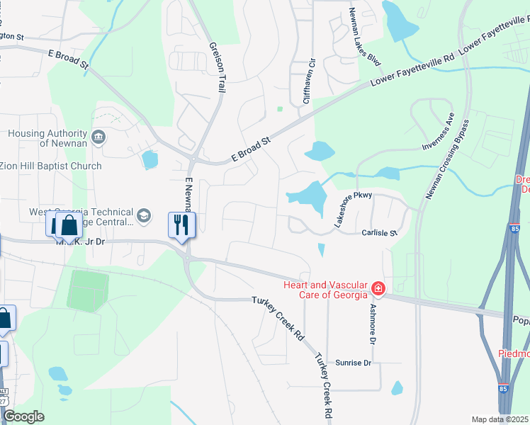 map of restaurants, bars, coffee shops, grocery stores, and more near 23 Tahoe Drive in Newnan
