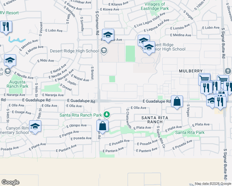 map of restaurants, bars, coffee shops, grocery stores, and more near 10106 East Naranja Avenue in Mesa