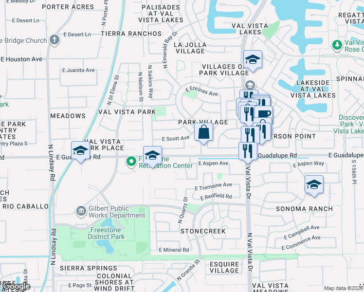 map of restaurants, bars, coffee shops, grocery stores, and more near 1320 East Scott Avenue in Gilbert