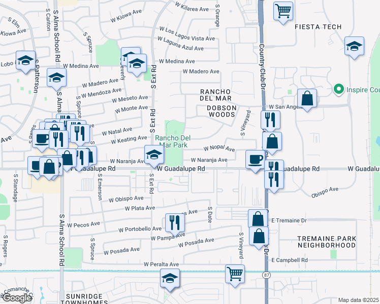 map of restaurants, bars, coffee shops, grocery stores, and more near 665 West Navarro Avenue in Mesa