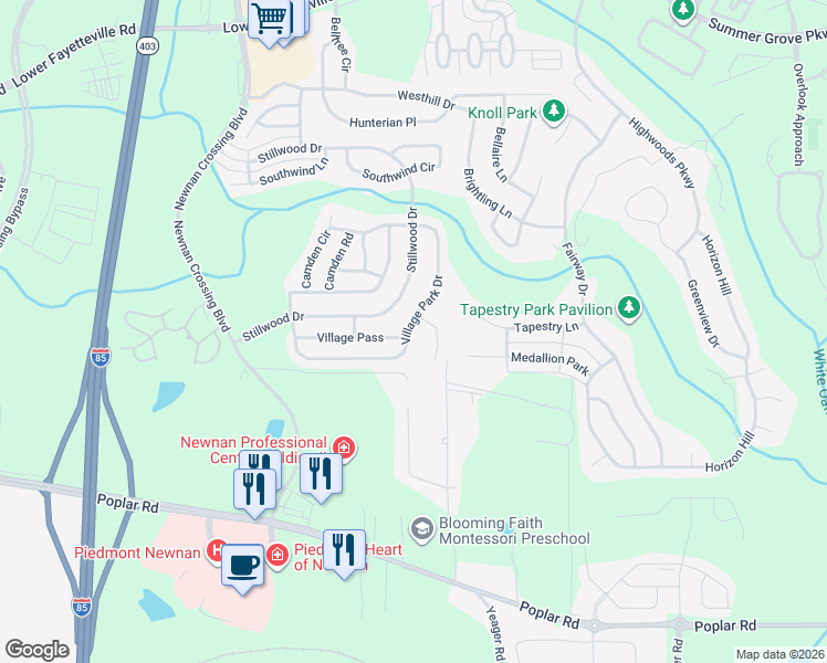 map of restaurants, bars, coffee shops, grocery stores, and more near 111 Village Park Drive in Newnan