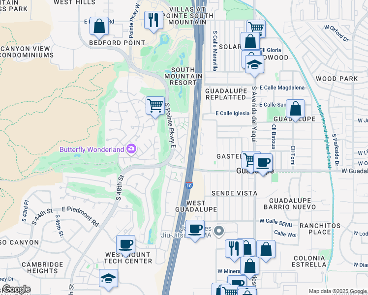 map of restaurants, bars, coffee shops, grocery stores, and more near 8809 South Pointe Parkway East in Phoenix