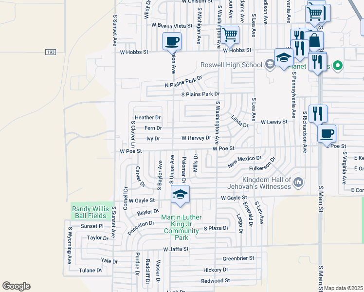 map of restaurants, bars, coffee shops, grocery stores, and more near 901 West Poe Street in Roswell