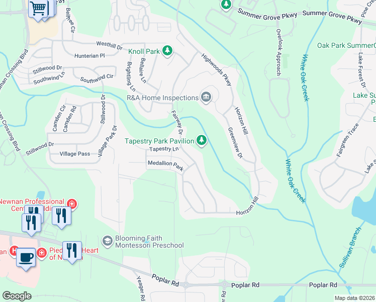 map of restaurants, bars, coffee shops, grocery stores, and more near 138 Fairway Drive in Newnan