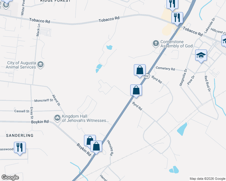 map of restaurants, bars, coffee shops, grocery stores, and more near 3695 Peach Orchard Road in Augusta