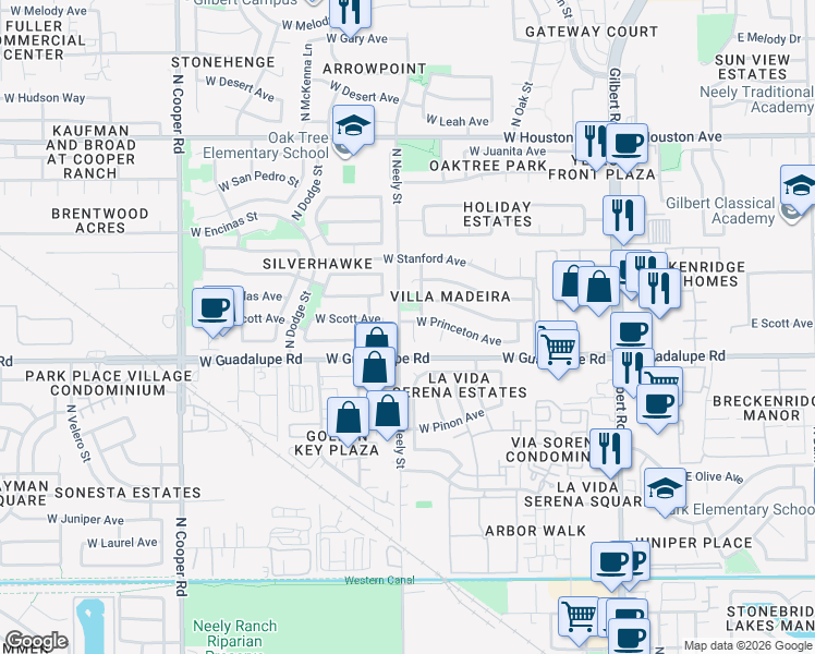 map of restaurants, bars, coffee shops, grocery stores, and more near 828 North Pine Court in Gilbert