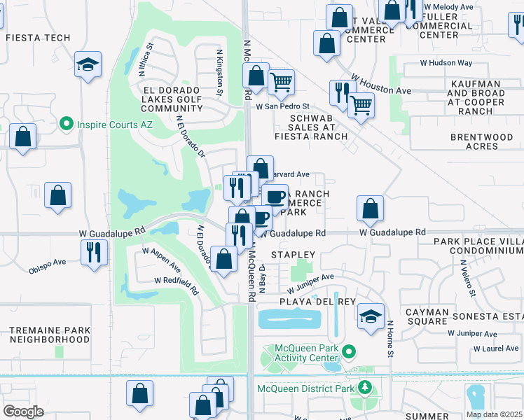 map of restaurants, bars, coffee shops, grocery stores, and more near Bay Drive in Gilbert