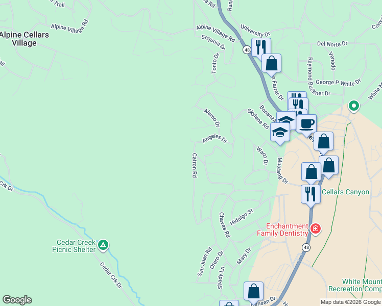 map of restaurants, bars, coffee shops, grocery stores, and more near 267-299 Angeles Drive in Ruidoso
