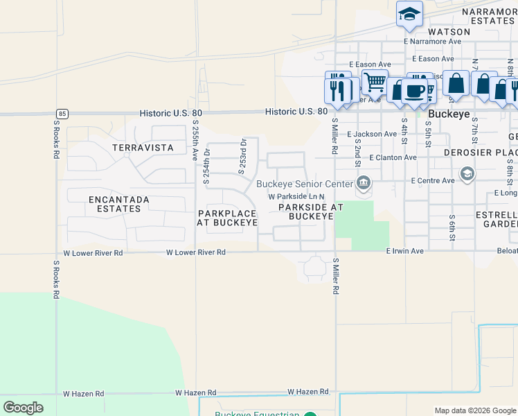 map of restaurants, bars, coffee shops, grocery stores, and more near 8953 South 253rd Avenue in Buckeye