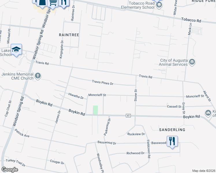 map of restaurants, bars, coffee shops, grocery stores, and more near 2355 Travis Pines Drive in Augusta