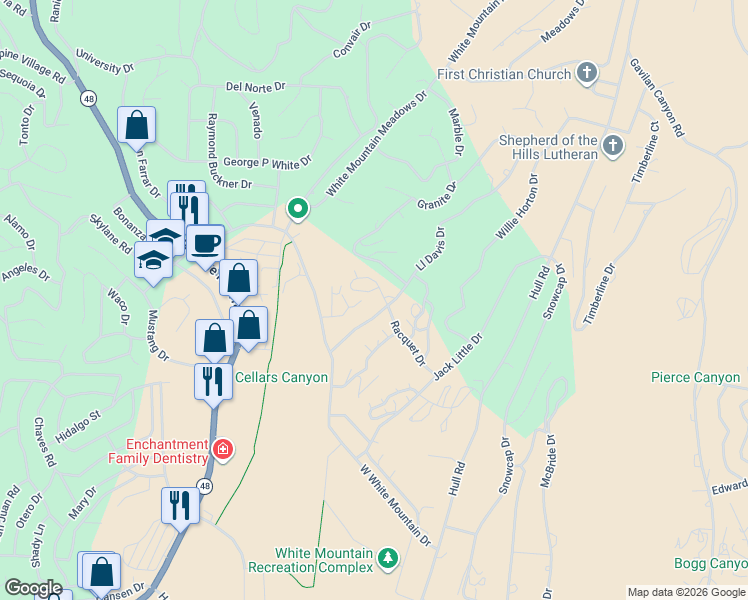map of restaurants, bars, coffee shops, grocery stores, and more near 27 Racquet Drive in Ruidoso