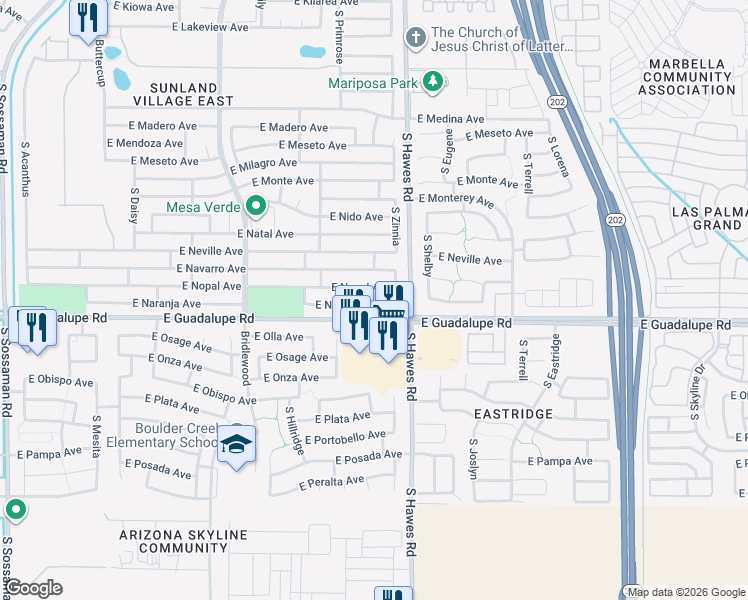 map of restaurants, bars, coffee shops, grocery stores, and more near 8320 East Naranja Avenue in Mesa