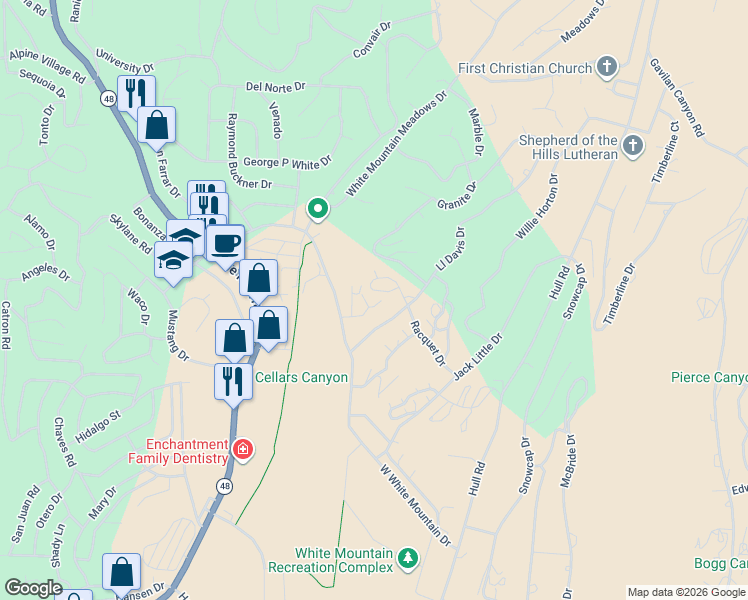 map of restaurants, bars, coffee shops, grocery stores, and more near 27 Racquet Drive in Ruidoso