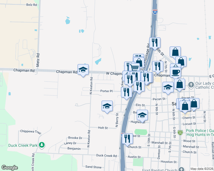 map of restaurants, bars, coffee shops, grocery stores, and more near 1116 Serendipity Circle in Sanger