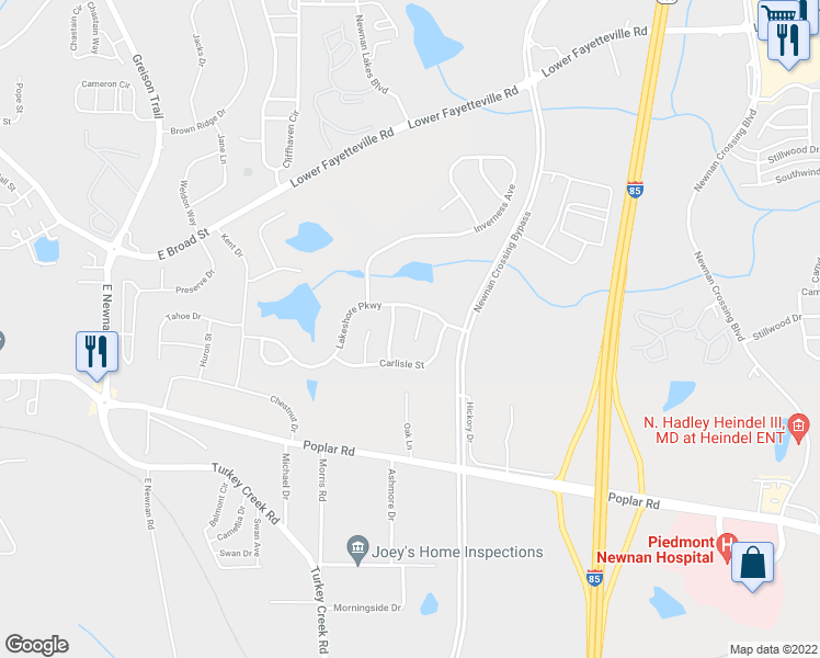 map of restaurants, bars, coffee shops, grocery stores, and more near 15 Kendall Court in Newnan