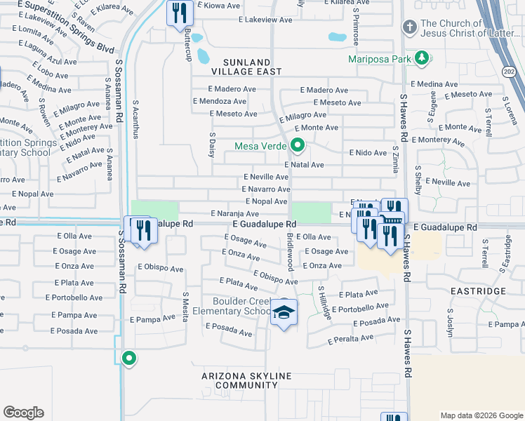 map of restaurants, bars, coffee shops, grocery stores, and more near 7948 East Nopal Avenue in Mesa