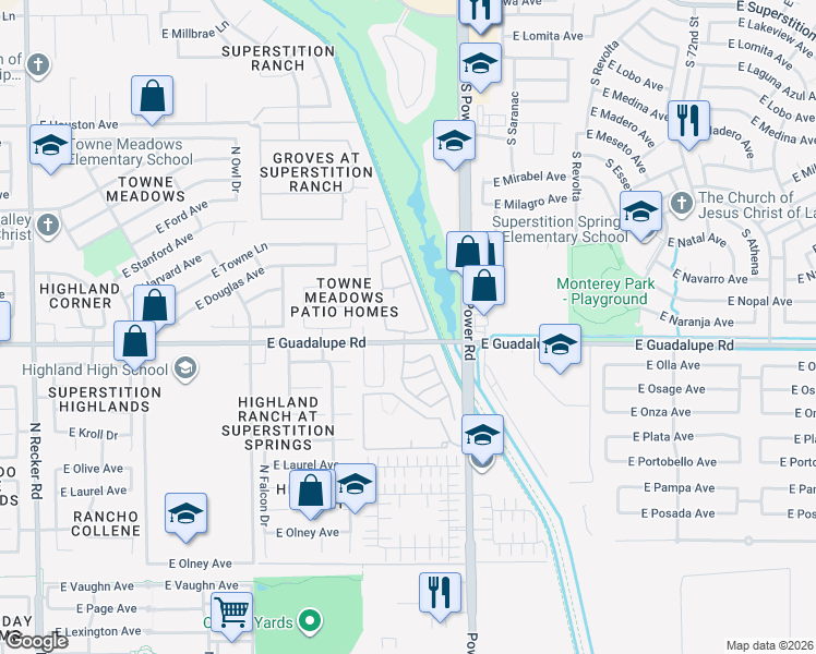 map of restaurants, bars, coffee shops, grocery stores, and more near 4776 East Guadalupe Road in Gilbert