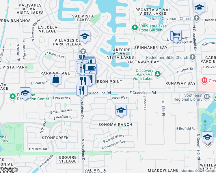 map of restaurants, bars, coffee shops, grocery stores, and more near 830 North Ahoy Drive in Gilbert