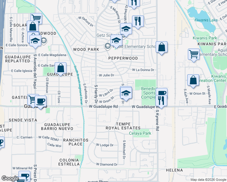 map of restaurants, bars, coffee shops, grocery stores, and more near 844 West Libra Drive in Tempe