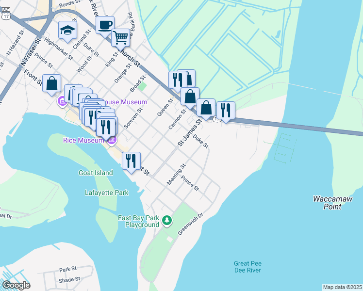 map of restaurants, bars, coffee shops, grocery stores, and more near 317 Saint James Street in Georgetown