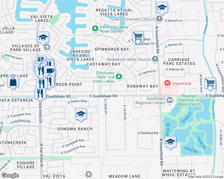 map of restaurants, bars, coffee shops, grocery stores, and more near 2042 East Marquette Drive in Gilbert