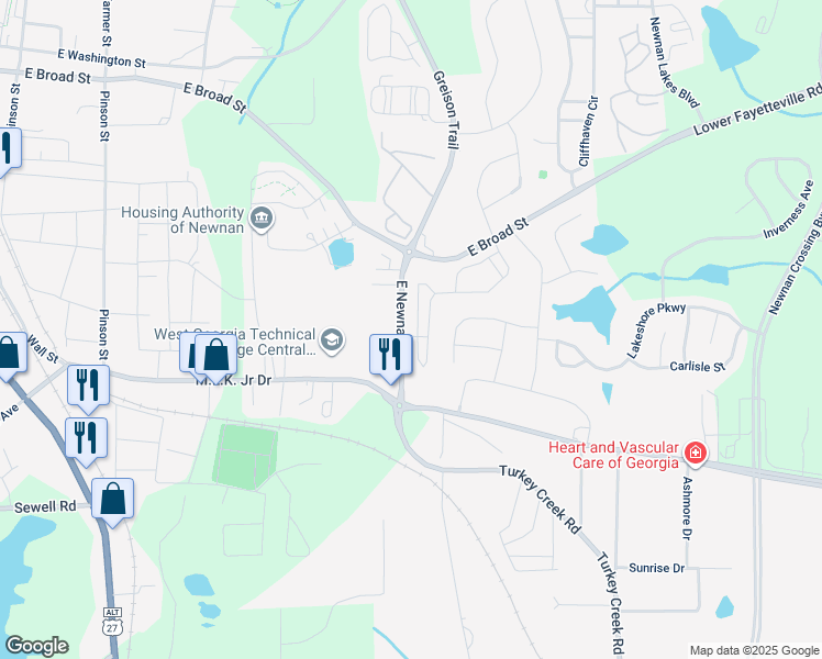 map of restaurants, bars, coffee shops, grocery stores, and more near 22E East Newnan Road in Newnan