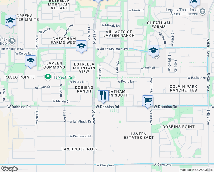 map of restaurants, bars, coffee shops, grocery stores, and more near 5003 West Pedro Lane in Phoenix