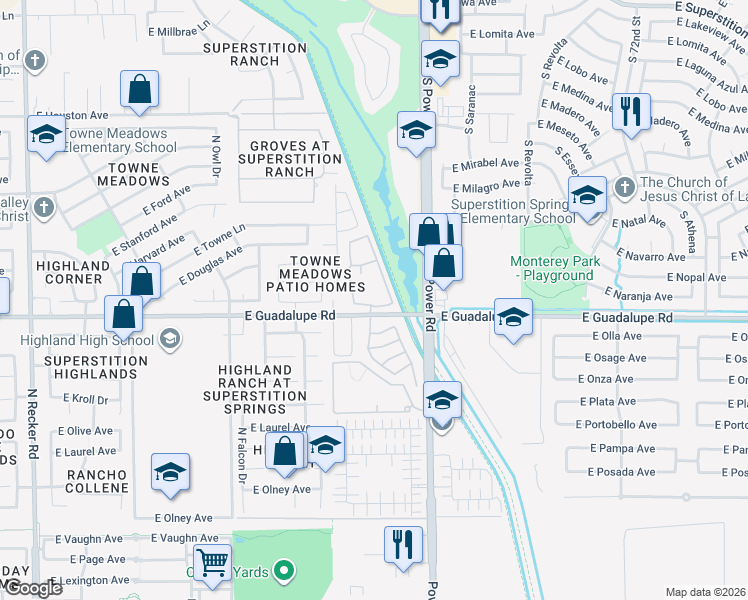 map of restaurants, bars, coffee shops, grocery stores, and more near 4776 East Guadalupe Road in Gilbert