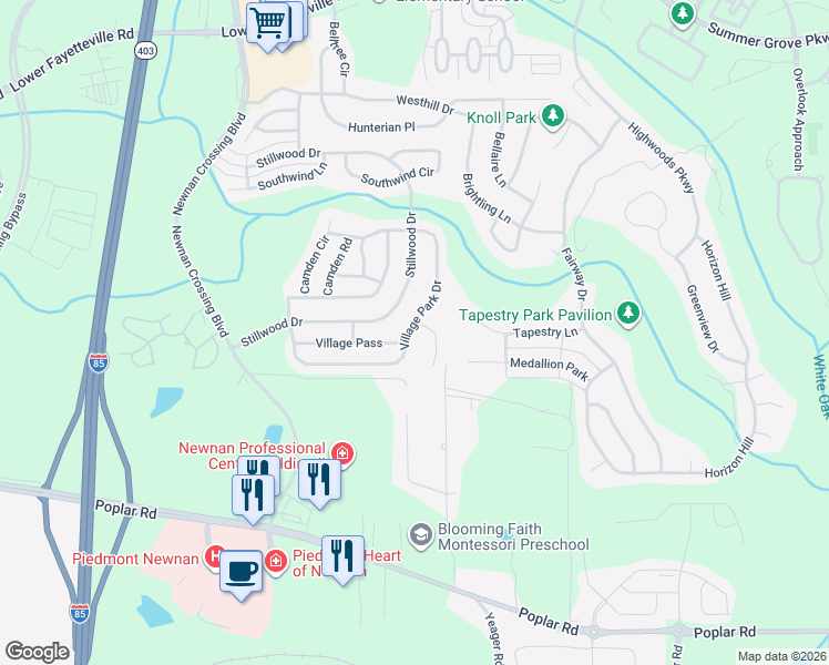 map of restaurants, bars, coffee shops, grocery stores, and more near 143 Village Park Drive in Newnan