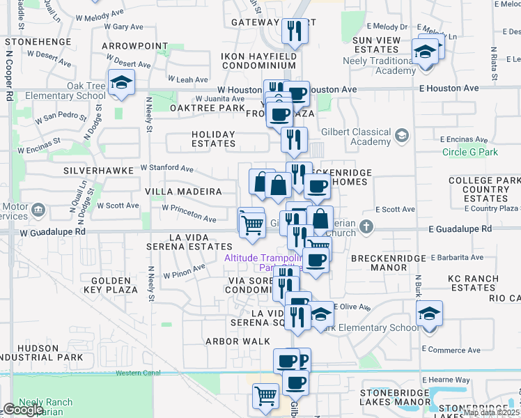 map of restaurants, bars, coffee shops, grocery stores, and more near 868 North Gilbert Road in Gilbert
